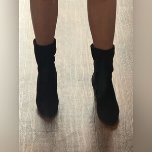 Black Suede Ankle Boots 3.5” Block Heel Minimalist Sock Boot Size 9 Women’s US